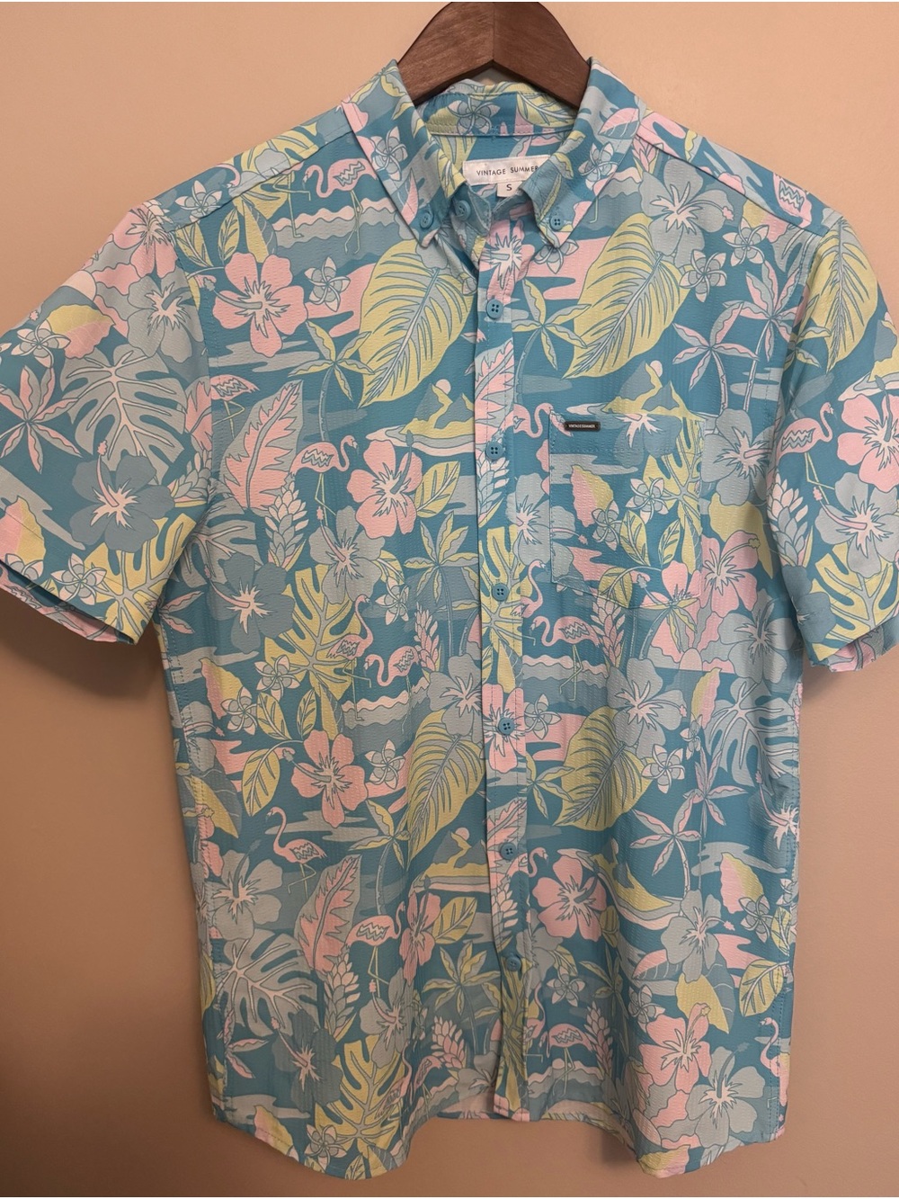 Men's Vintage Summer Short-Sleeve Seersucker Tropical Print Button-Down Shirt